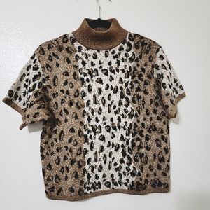 Lisa Originals Animal Print Gold Black Cream Beaded Knitted Blouse Top Sz L